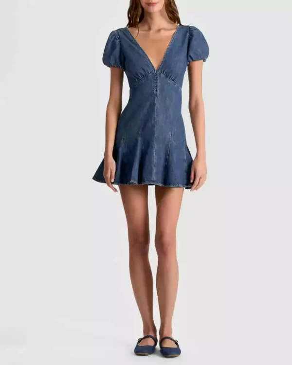 Puff sleeve seamed denim dress