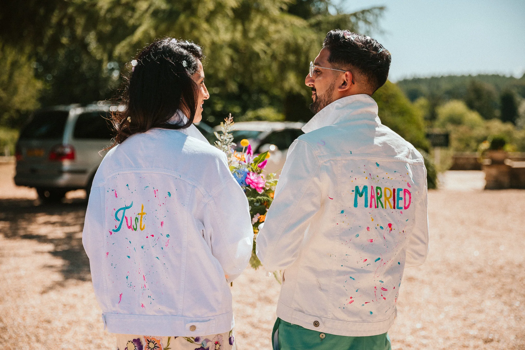 On the day of the wedding at 00:03 i decided to make me and my now husband some denim jackets, i did not have a clue what to do but i knew it had to be colourful like the day! So i came up with this, they were a great extra pinch of fun to the day!