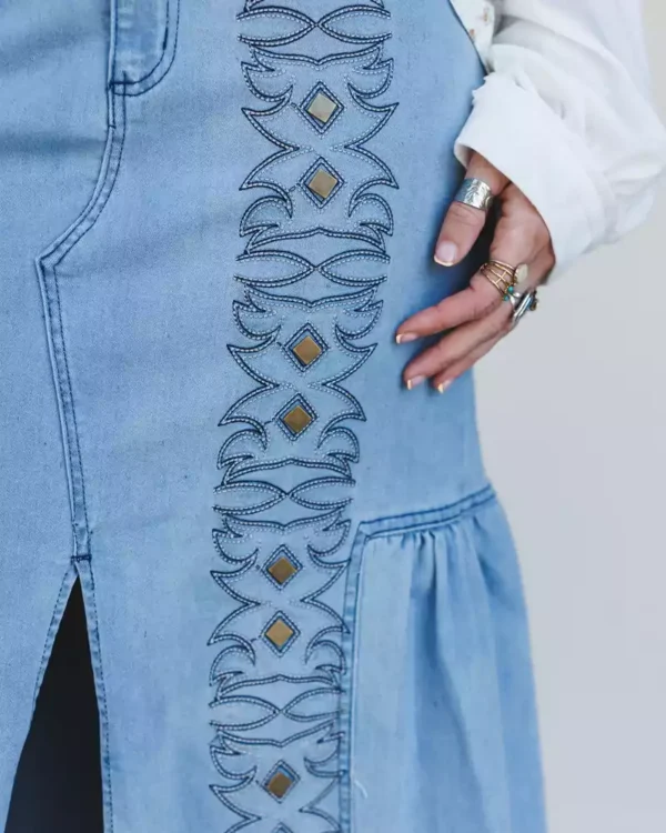 Asymmetric denim maxi skirt