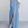 Asymmetric denim maxi skirt
