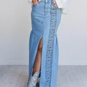 Asymmetric denim maxi skirt