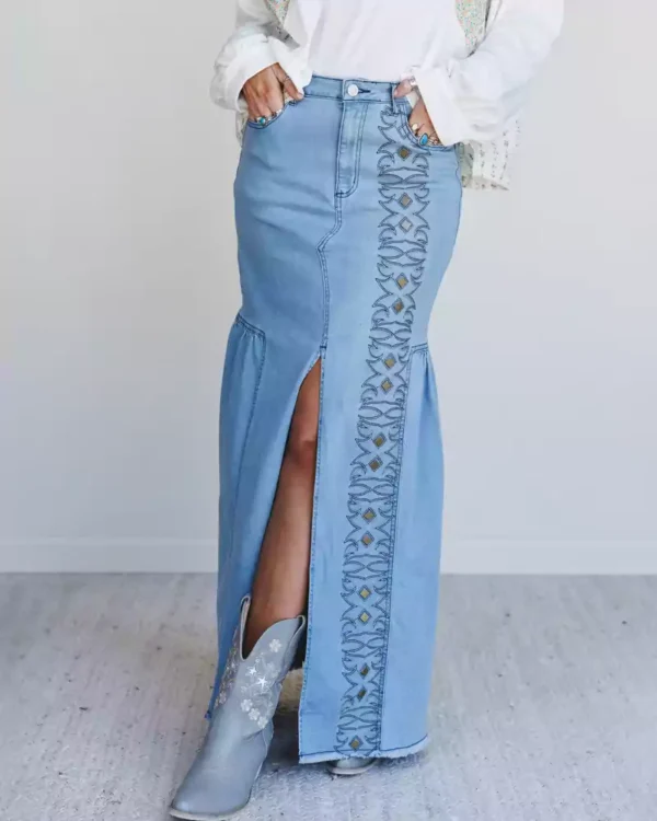 Asymmetric denim maxi skirt