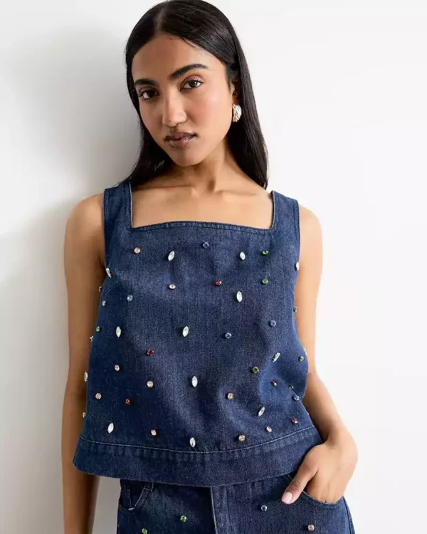 Denim square neck top