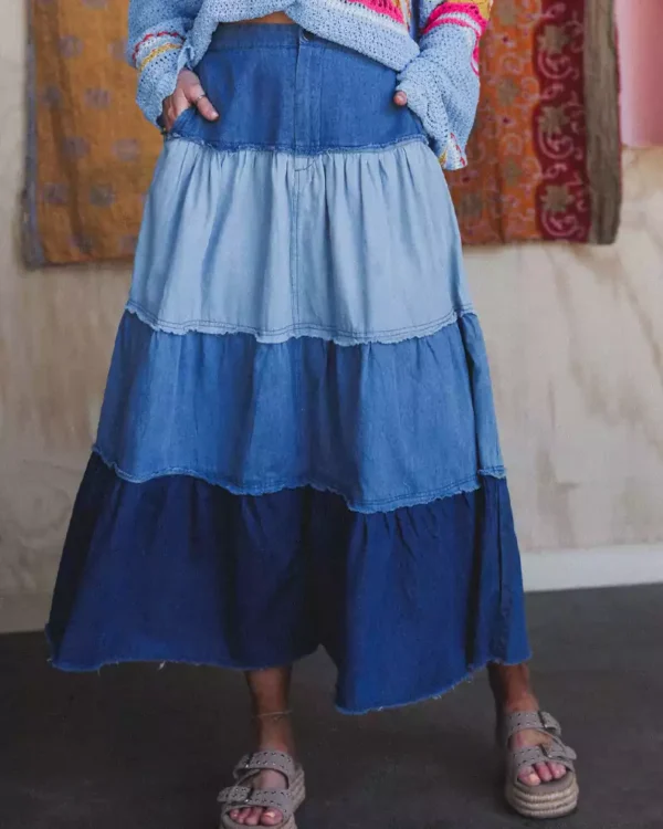 Denim tiered maxi skirt