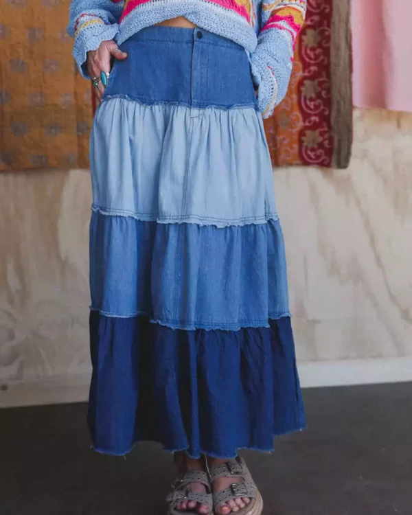 Denim tiered maxi skirt