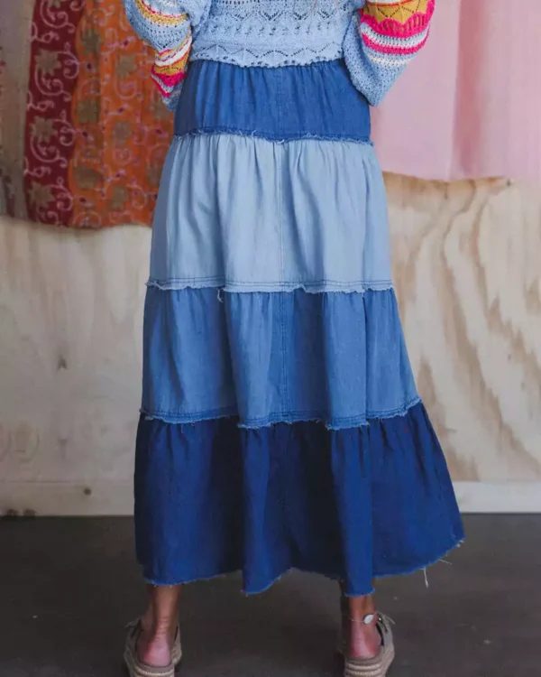 Denim tiered maxi skirt