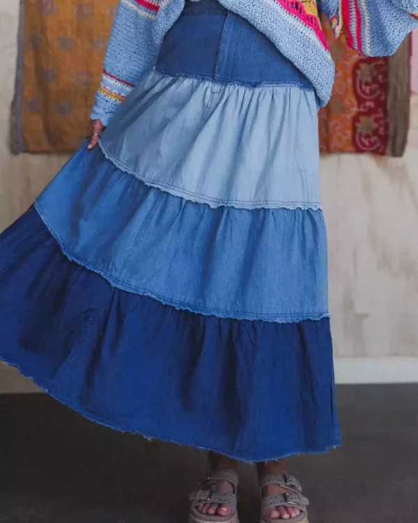 Denim tiered maxi skirt