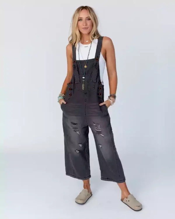 Distressed denim overalls