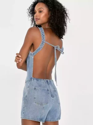 Denim romper shorts women