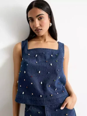 Embellished denim top