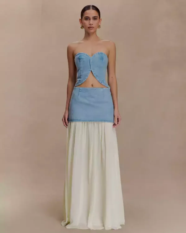 Low rise denim maxi skirt