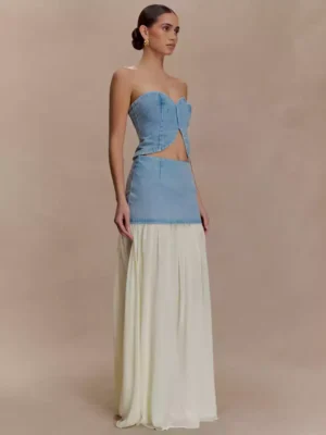 Low rise denim maxi skirt