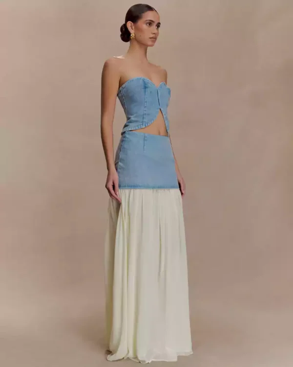 Low rise denim maxi skirt