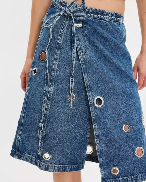 Wrap denim midi skirt