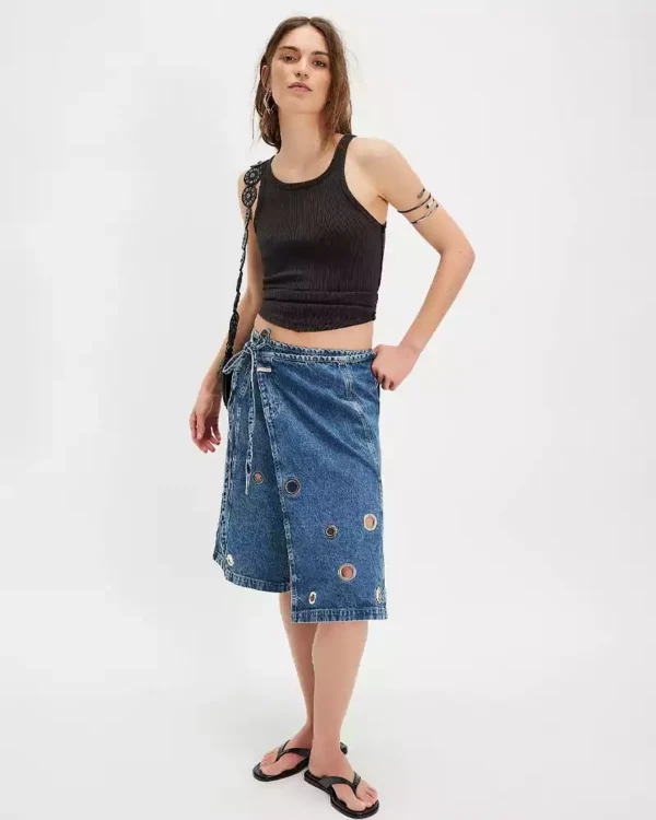 Wrap denim midi skirt