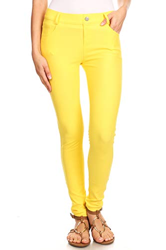 ICONOFLASH Women's Yellow Jeggings with Pockets Pull On Skinny Stretch Colored Jean Leggings Size Large