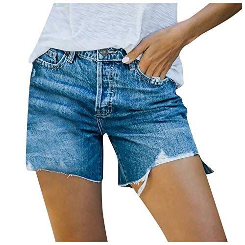 Jean Shorts Womens Ripped Summer Knickers Bull-Puncher Womens Elastic Pockets Waist Comfy Casual Shorts Pants Denim Shorts Women 5 in Inseam High Rise (Blue, XL)