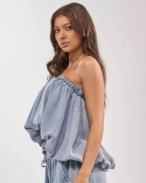 Denim blouse with ruffles