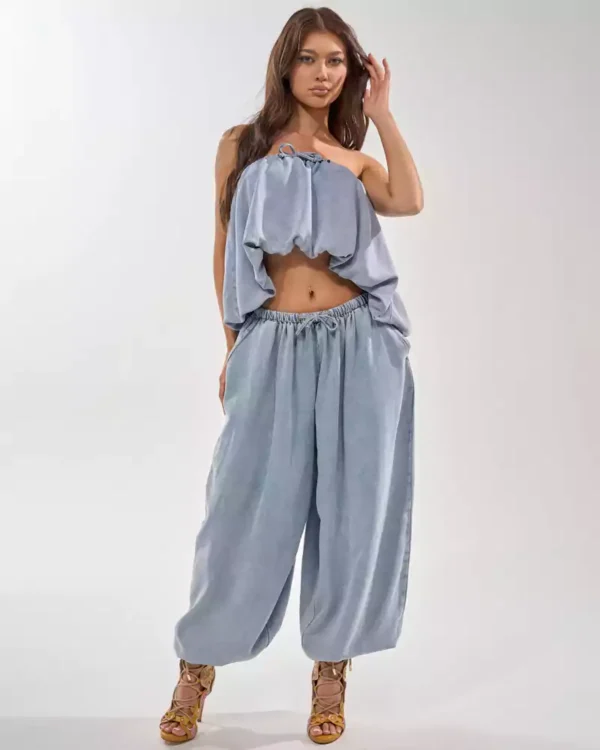 Denim blouse with ruffles