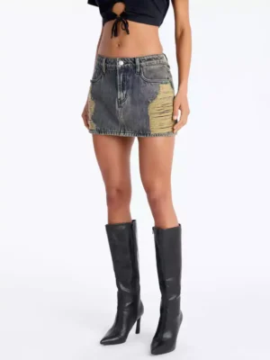 Denim distressed mini skirt