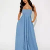 Denim halter maxi dress