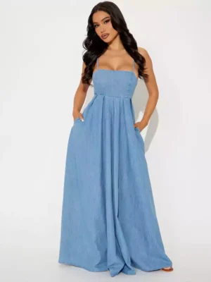 Denim halter maxi dress