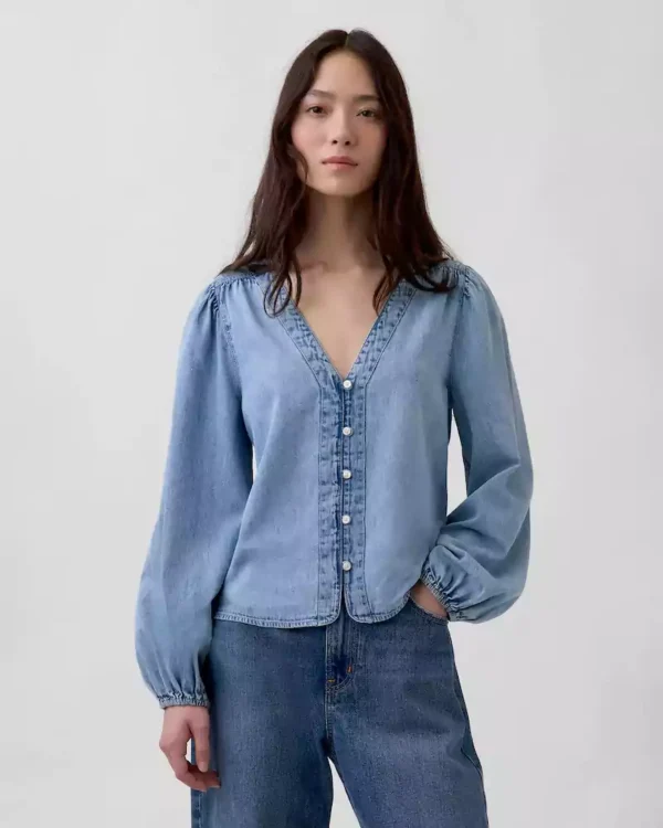 Denim puff sleeve top