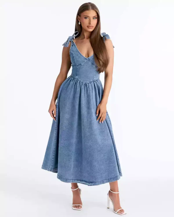 Pleated denim dress