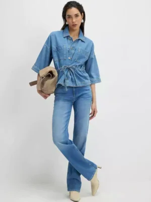 Tie front denim blouse
