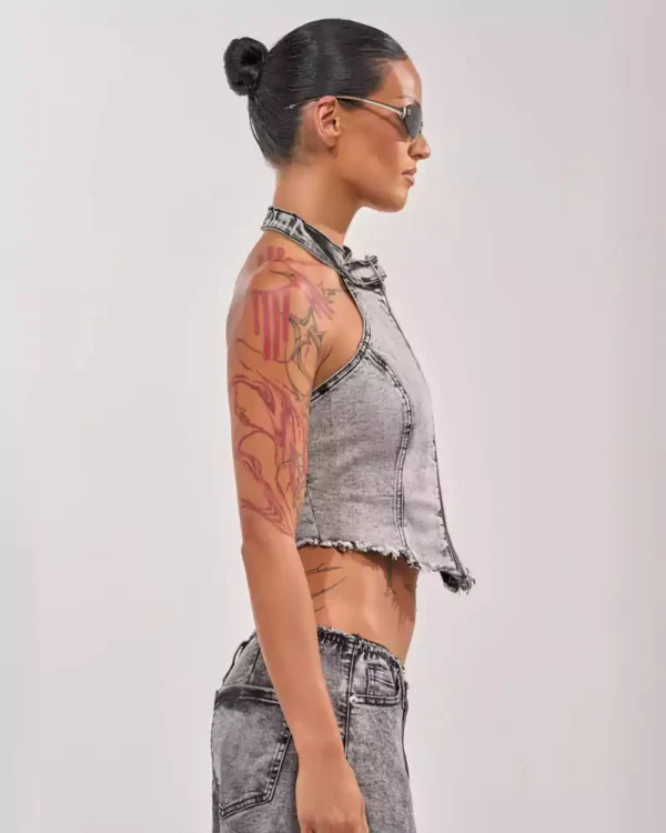 Asymmetric denim top