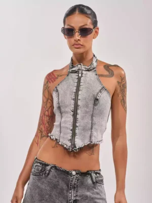 Asymmetric denim top