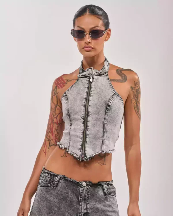 Asymmetric denim top