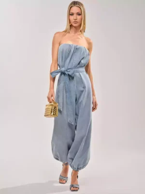 Belted denim jumpsuit