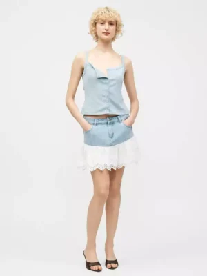 Denim ruffle mini skirt