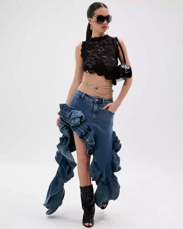 Denim ruffle skirt long