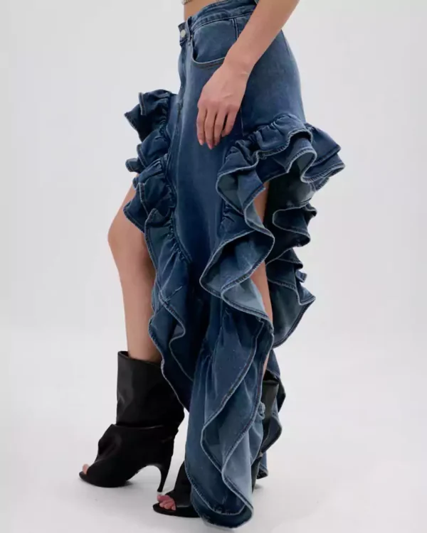 Denim ruffle skirt long