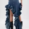 Denim ruffle skirt long