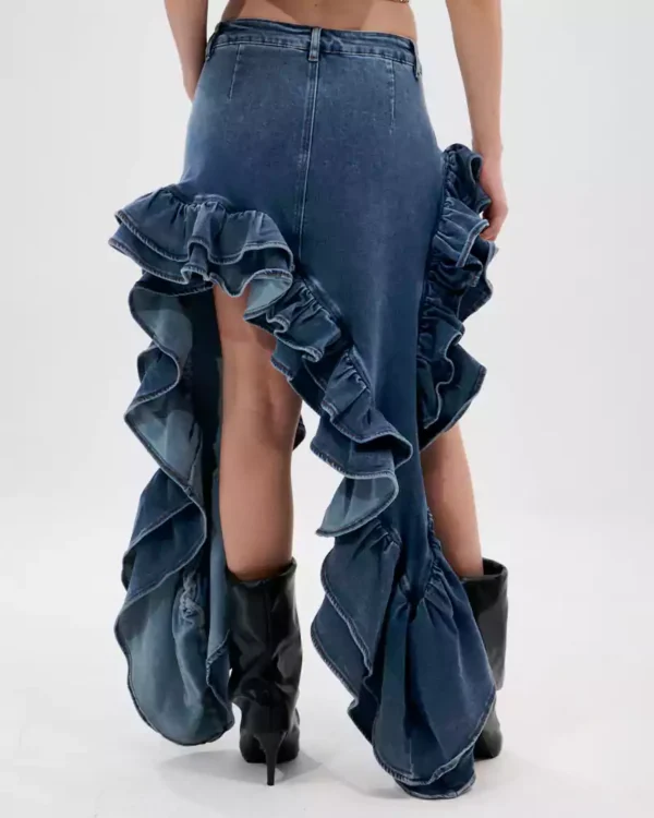 Denim ruffle skirt long