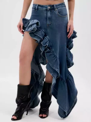 Denim ruffle skirt long