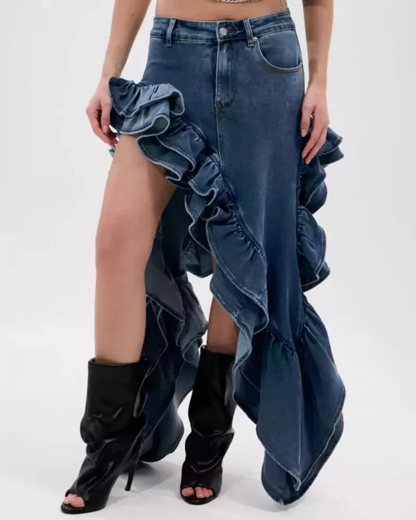 Denim ruffle skirt long