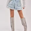 Denim shorts with rhinestone fringe