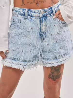 Denim shorts with rhinestone fringe