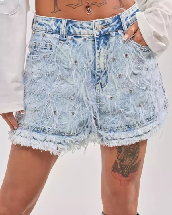 Denim shorts with rhinestone fringe