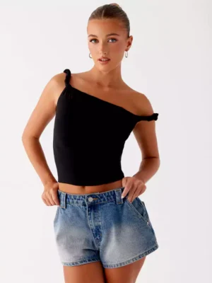 Low rise dark denim shorts