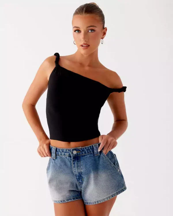 Low rise dark denim shorts