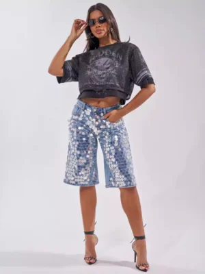 Sequin denim shorts