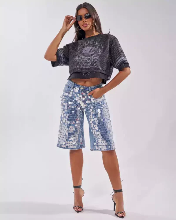 Sequin denim shorts