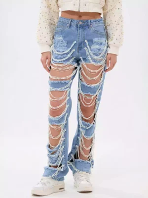 Distressed denim womens jeans