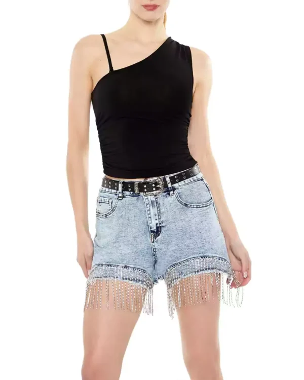 Rhinestone fringe denim shorts