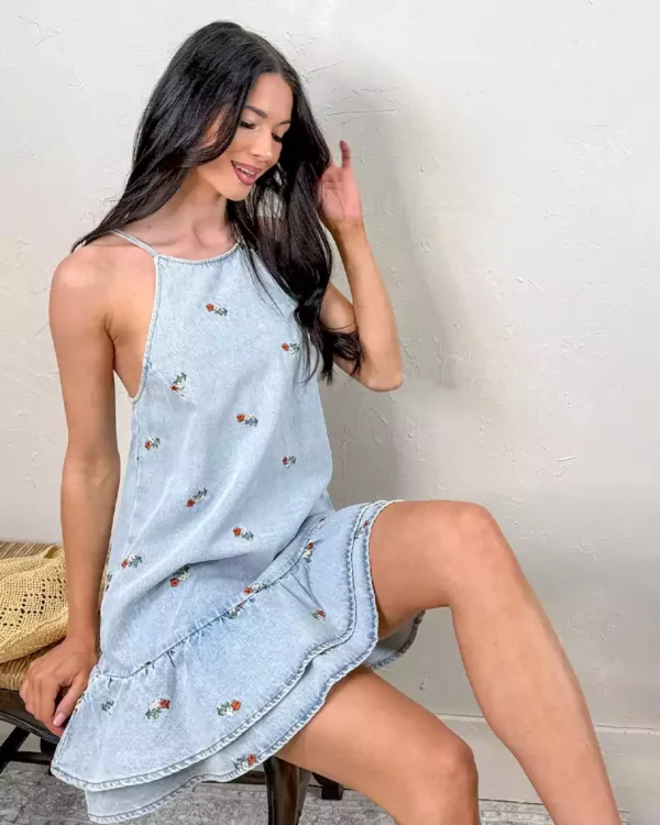 Denim embroidered dress